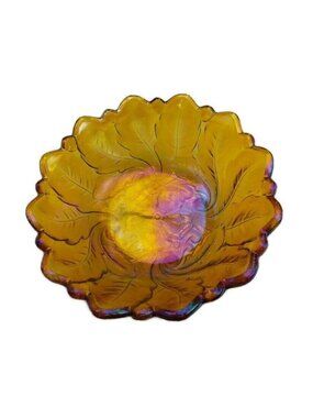 Wild Rose Pattern Indiana Co Marigold Amber Carnival Glass 9in Round Bowl Vtg